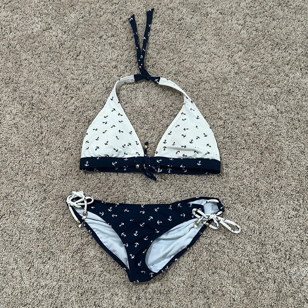 cream and navy bikini
